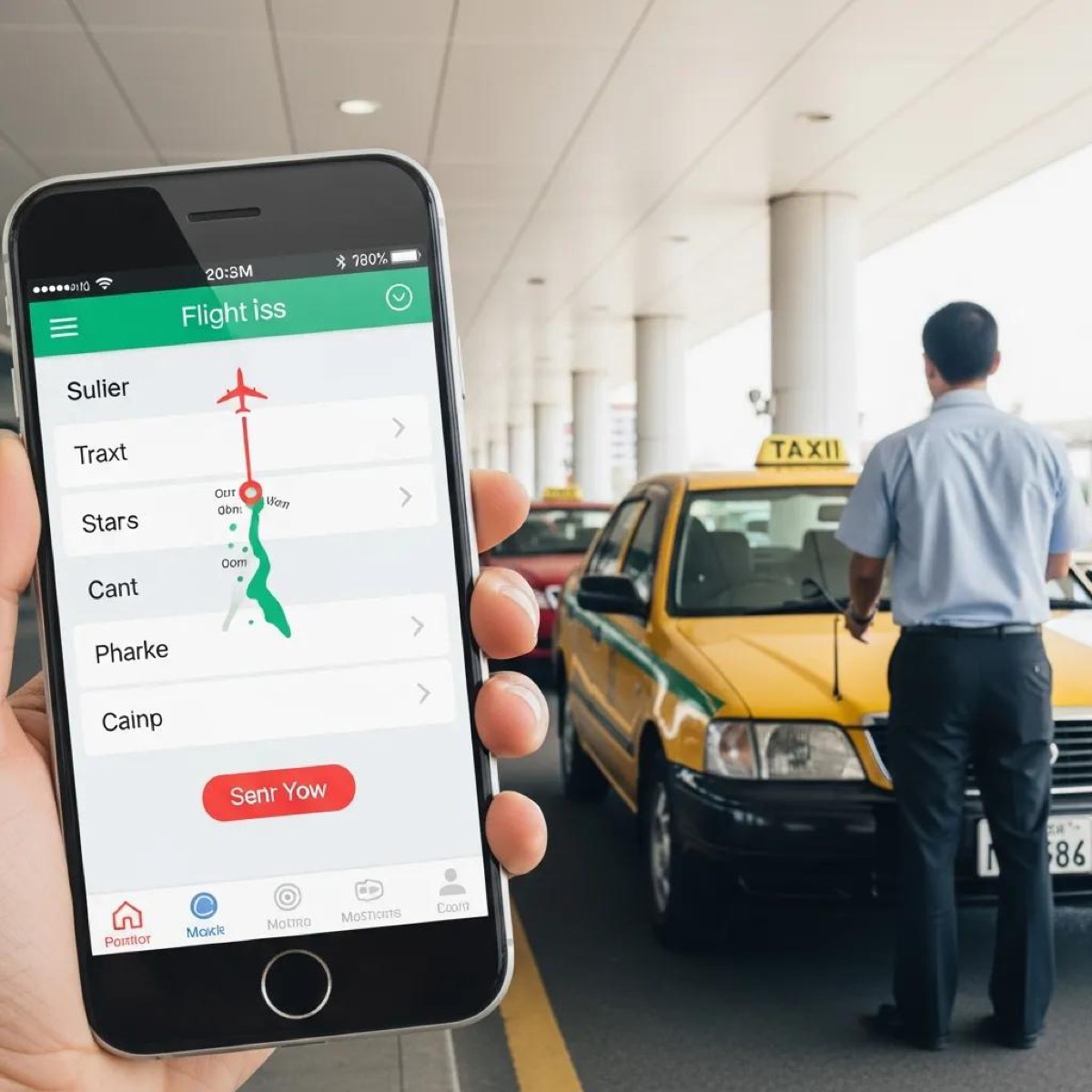 Smartphone showing flight tracking app with taxi in background