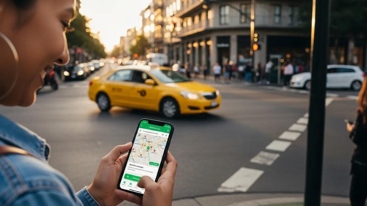 Person booking a taxi online with a smartphone in an urban setting
