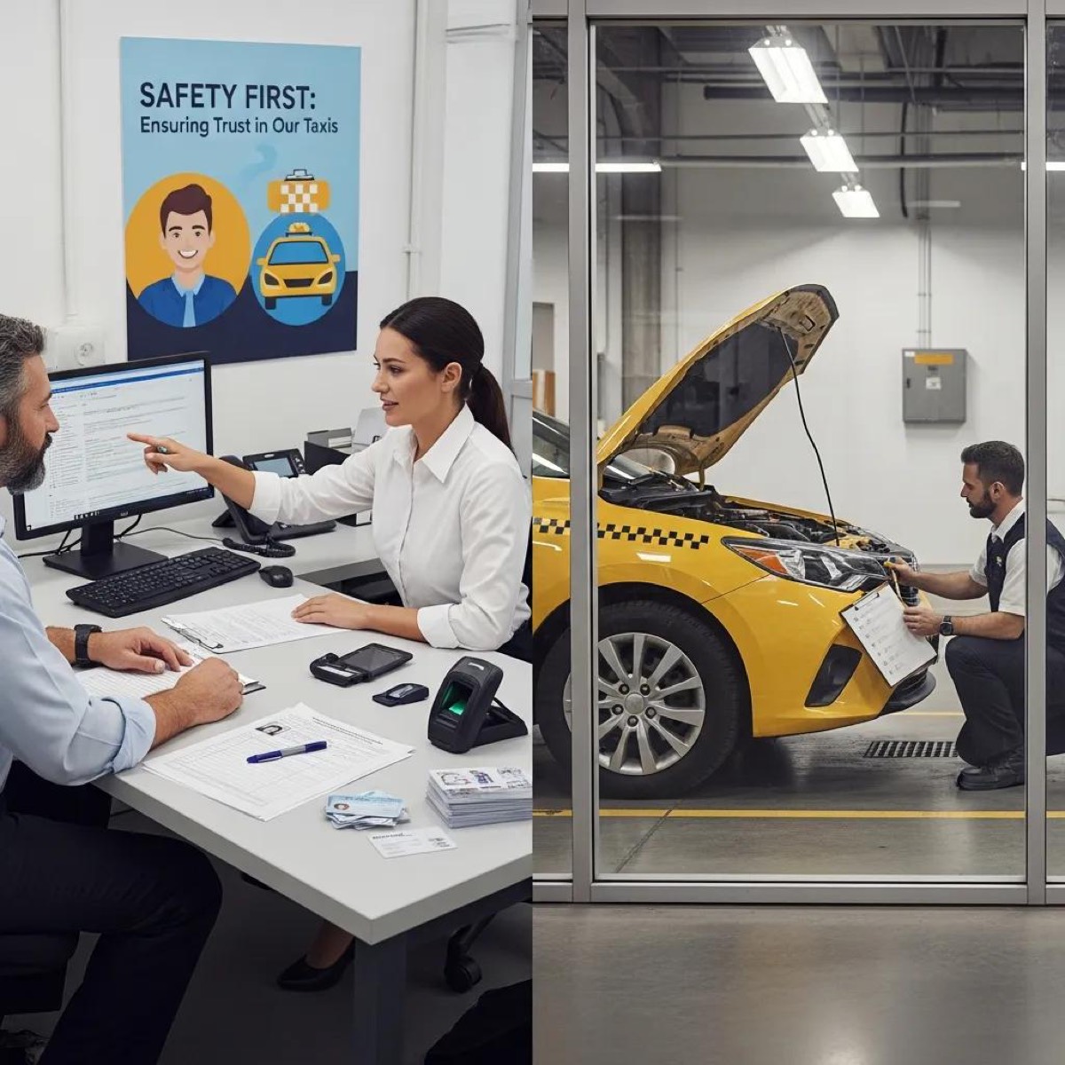 Taxi driver undergoing background check and vehicle inspection for licensing