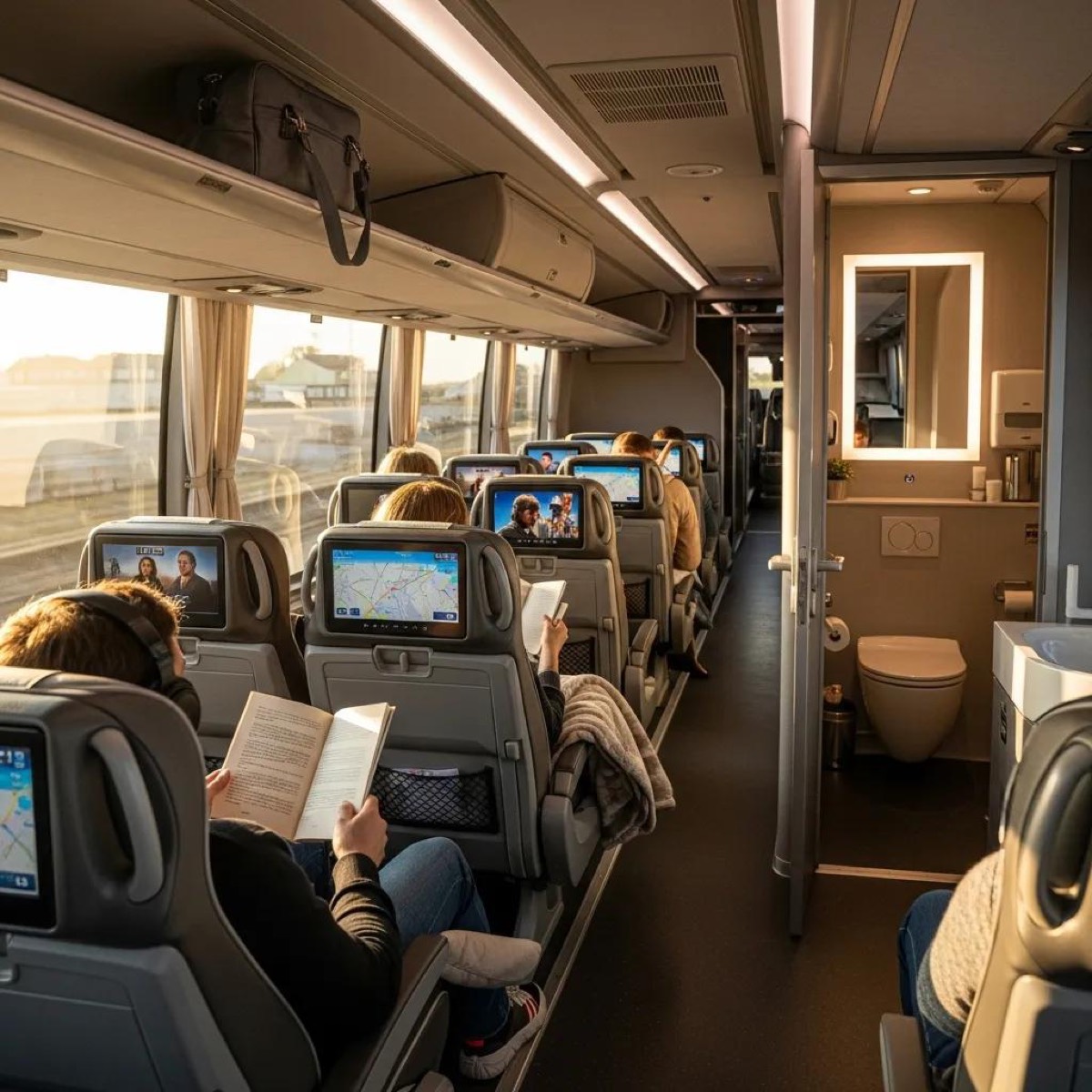 Interior view of a modern coach featuring reclining seats and entertainment systems for group comfort