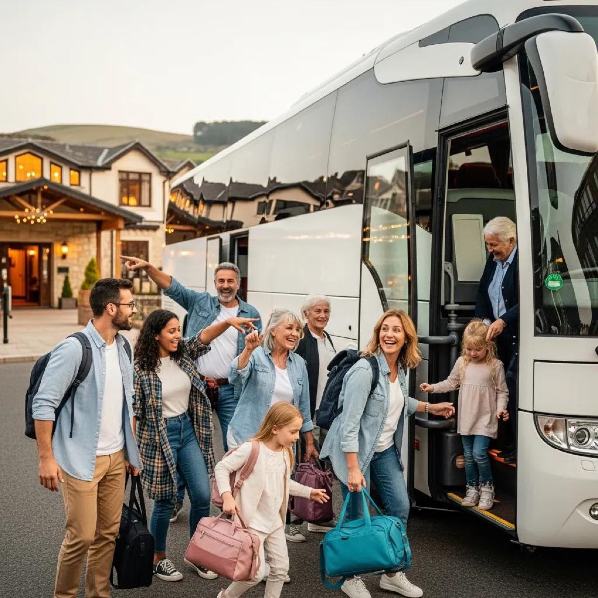 Group of travelers disembarking from a coach at their destination, showcasing door-to-door service convenience