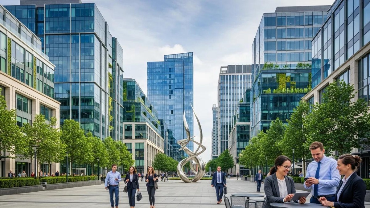 Vibrant business district in Kent with modern offices and active professionals