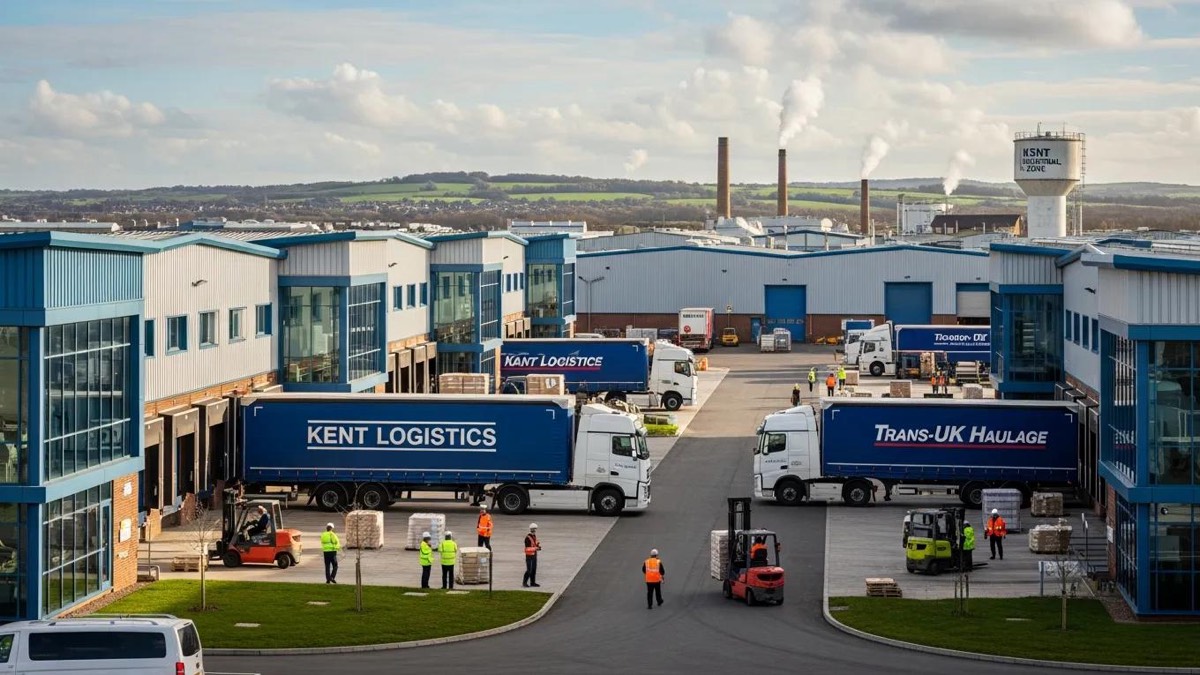 Modern industrial estate in Kent with warehouses and logistics operations