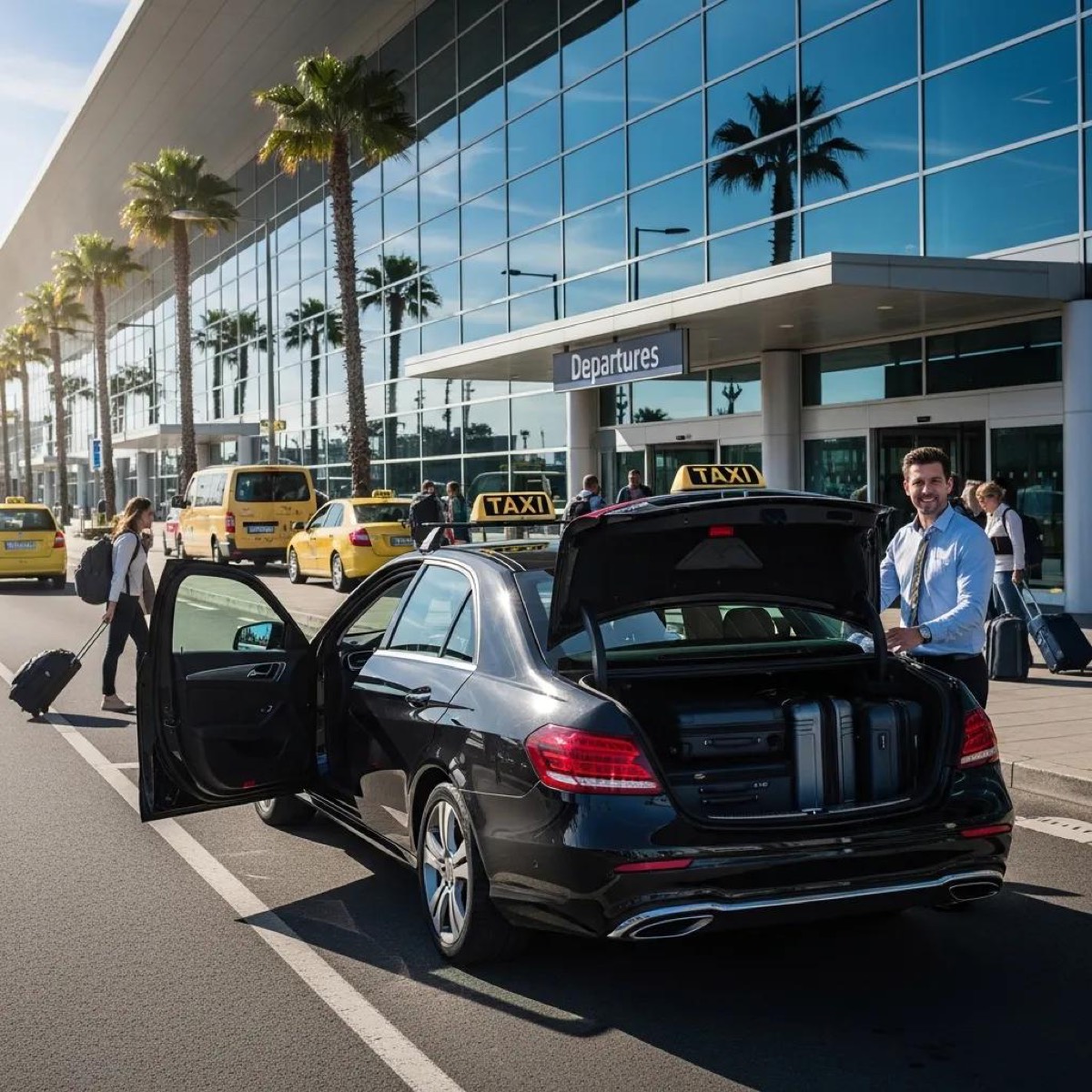 Modern airport taxi outside terminal with friendly driver and travelers