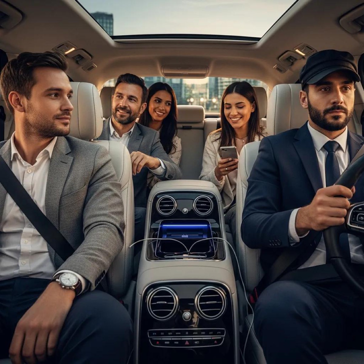 Group of travelers in luxurious executive taxi with professional chauffeur