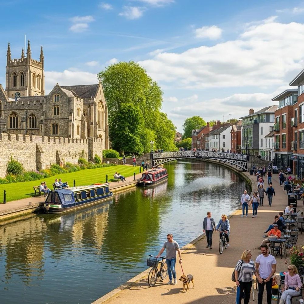 Scenic view of Maidstone along the River Medway highlighting historical buildings and vibrant community life