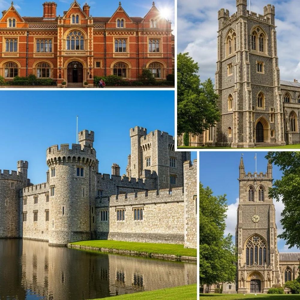 Collage of Maidstone's historical landmarks including Leeds Castle, Maidstone Museum, and All Saints Church