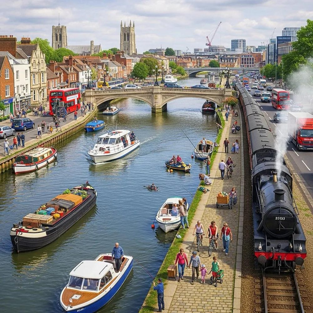 Image of the River Medway showing boats and transport routes, highlighting its influence on Maidstone's growth