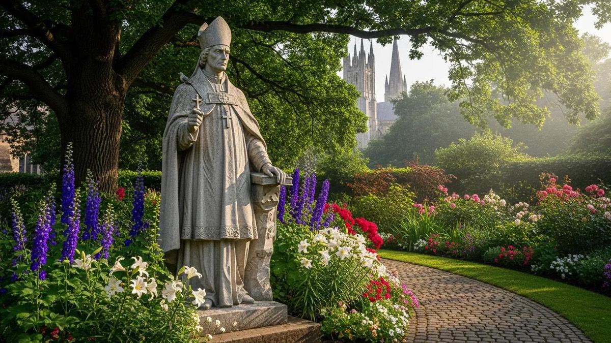 Statue of Thomas Becket in a garden near Canterbury Cathedral, symbolizing his legacy