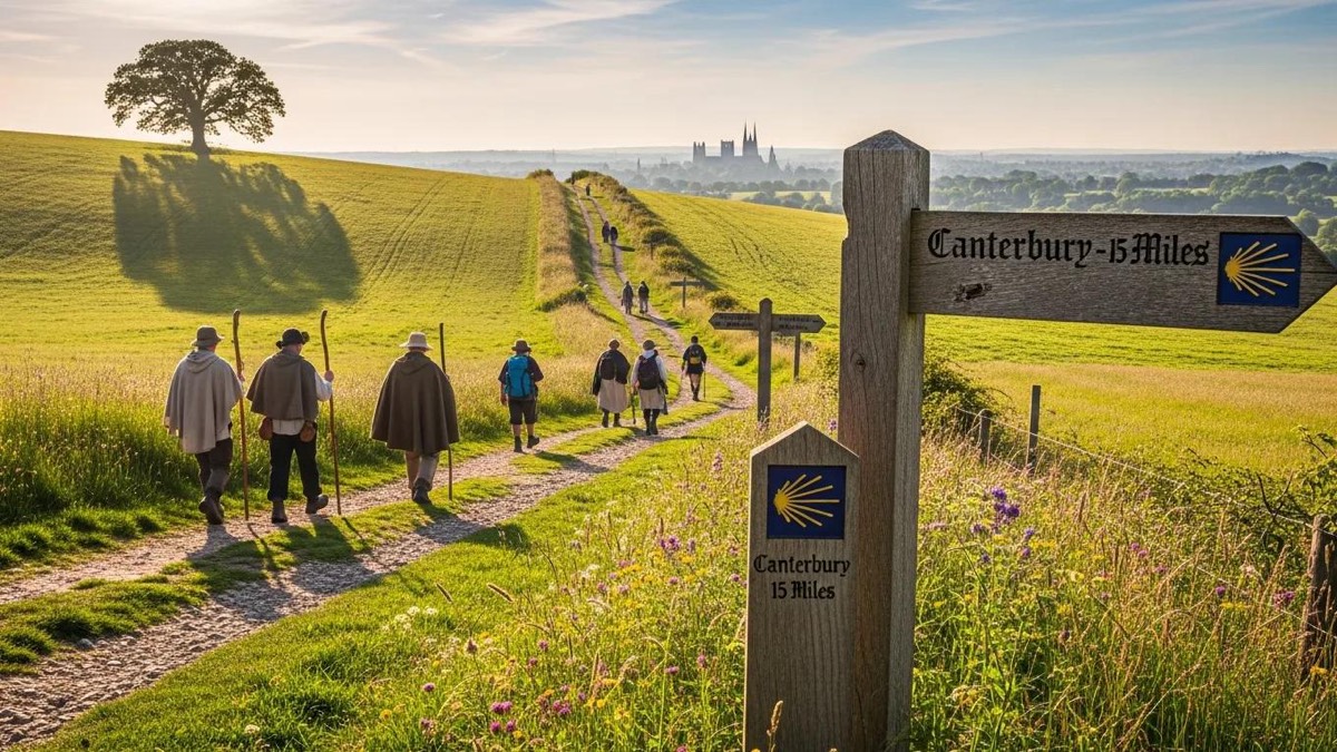 Scenic view of the Pilgrims' Way with historical markers and pilgrims walking