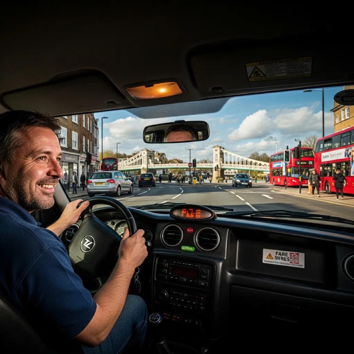 Taxi driver navigating busy Maidstone streets, showcasing professionalism and local landmarks