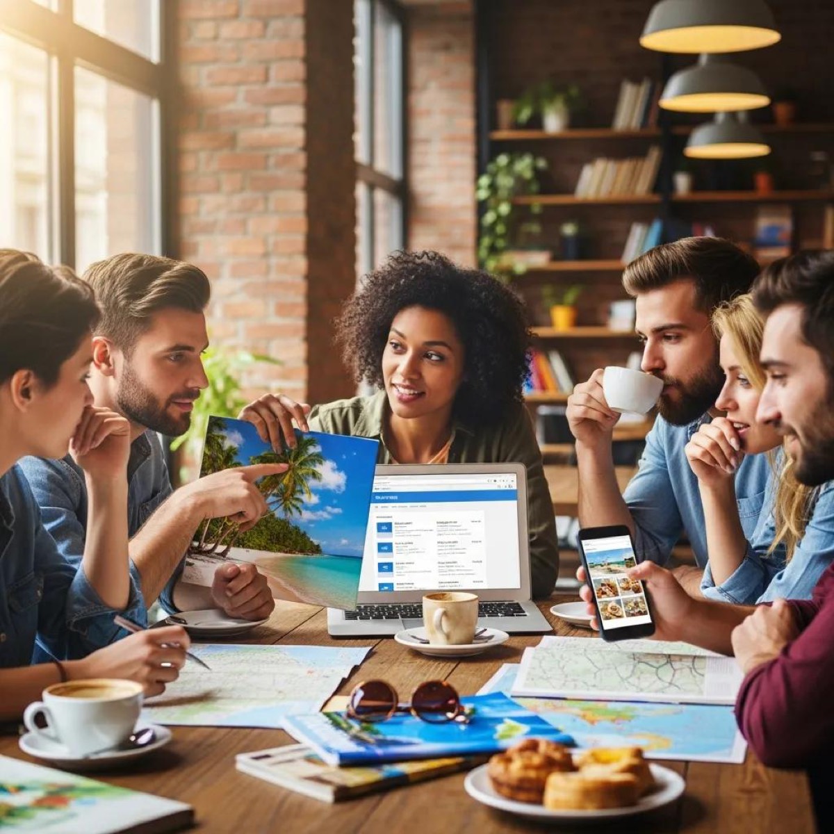 Group of friends planning budget-friendly travel in a café with travel brochures and a laptop