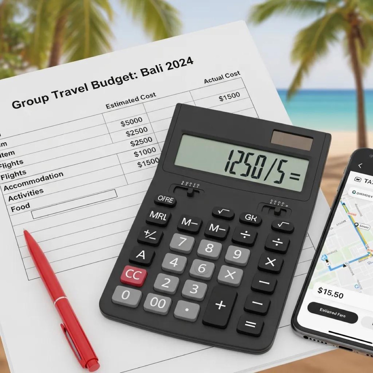 Calculator and travel budget sheet with a smartphone app for group travel budgeting