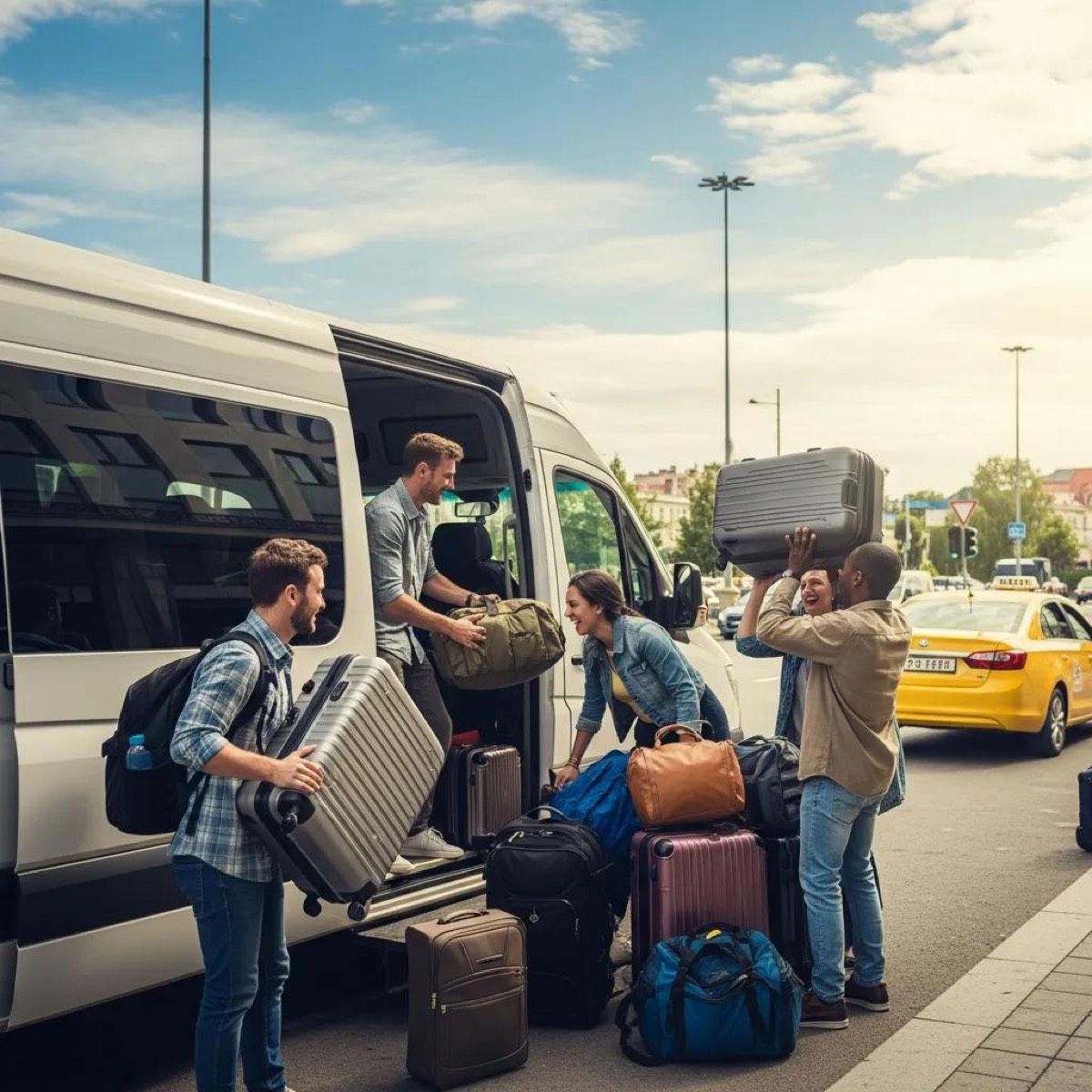 Group of travelers loading luggage into a minibus for cost-effective group travel