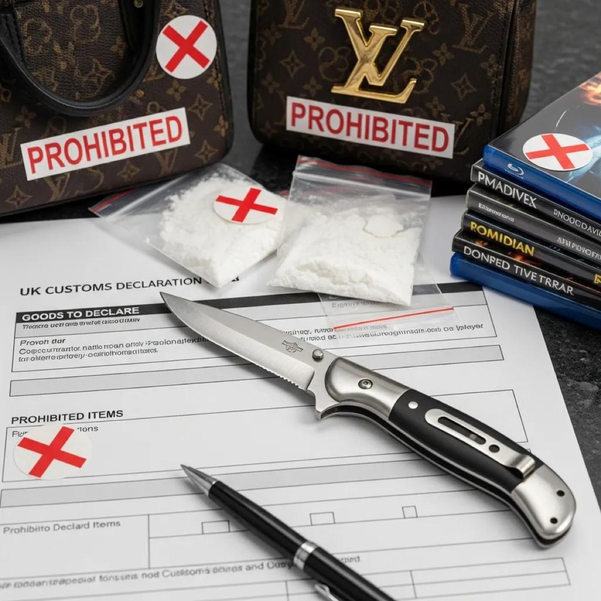 Customs declaration form with prohibited items like a knife and illegal drugs, illustrating UK customs regulations
