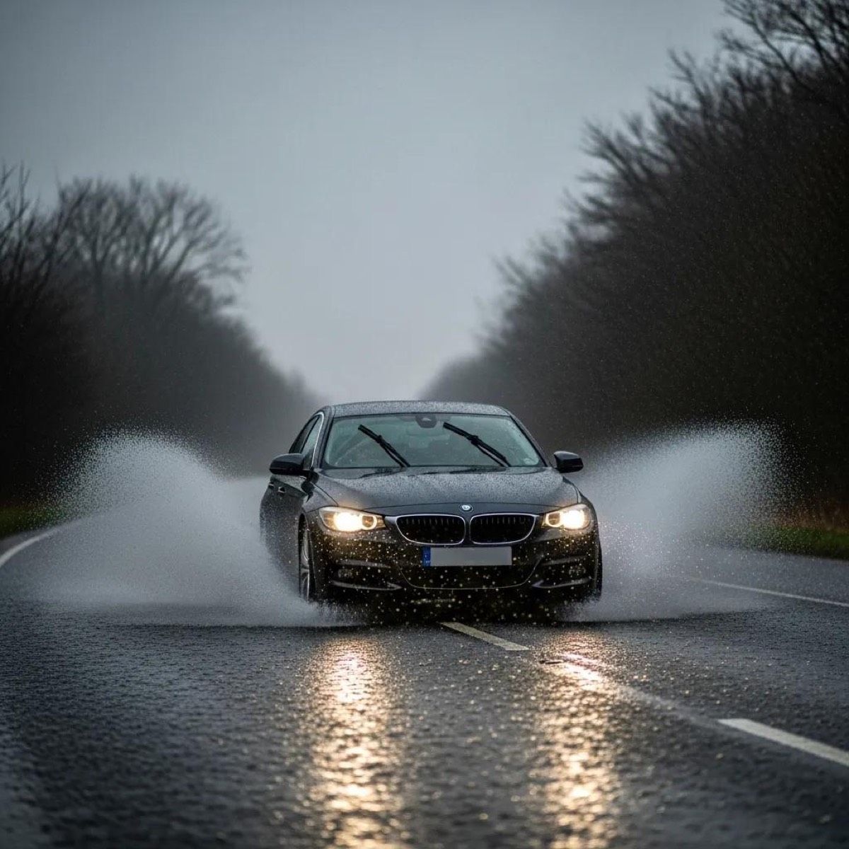 Car driving on a rainy UK road, highlighting challenges of adverse weather