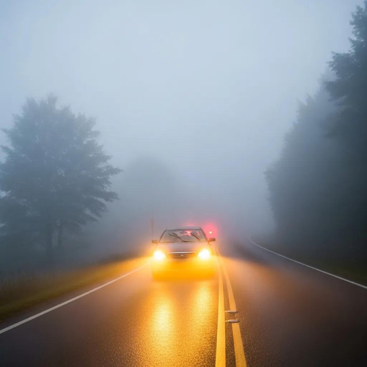 Car using fog lights in thick fog, emphasizing safety measures for low visibility driving