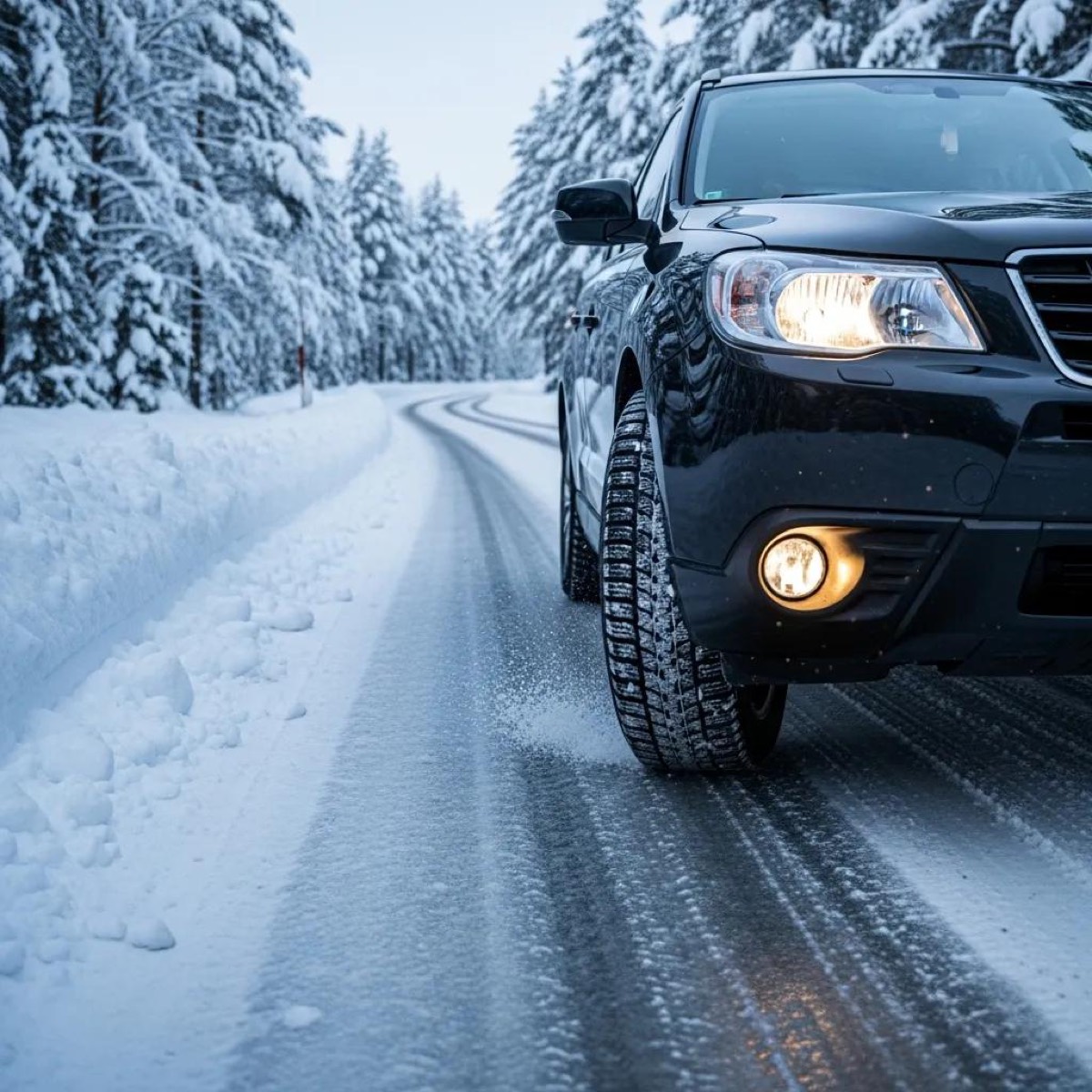 Vehicle navigating a snowy road, highlighting precautions for safe winter driving
