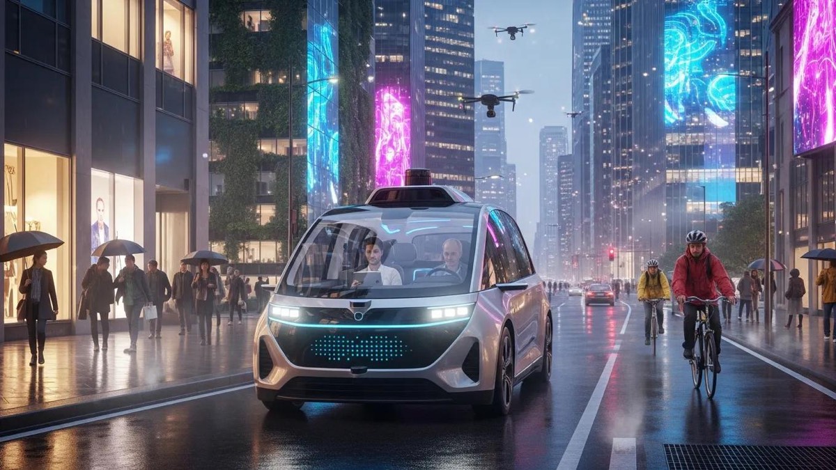 Autonomous taxi navigating a city street, representing the future of local transport services
