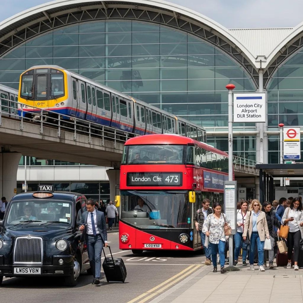 Transport options to London City Airport including taxi, train, and bus in a busy airport setting