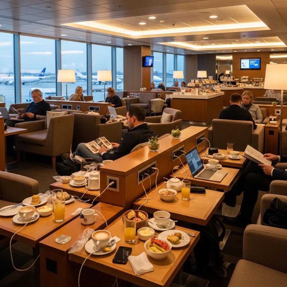 Comfortable lounge at Stansted Airport with travelers enjoying amenities