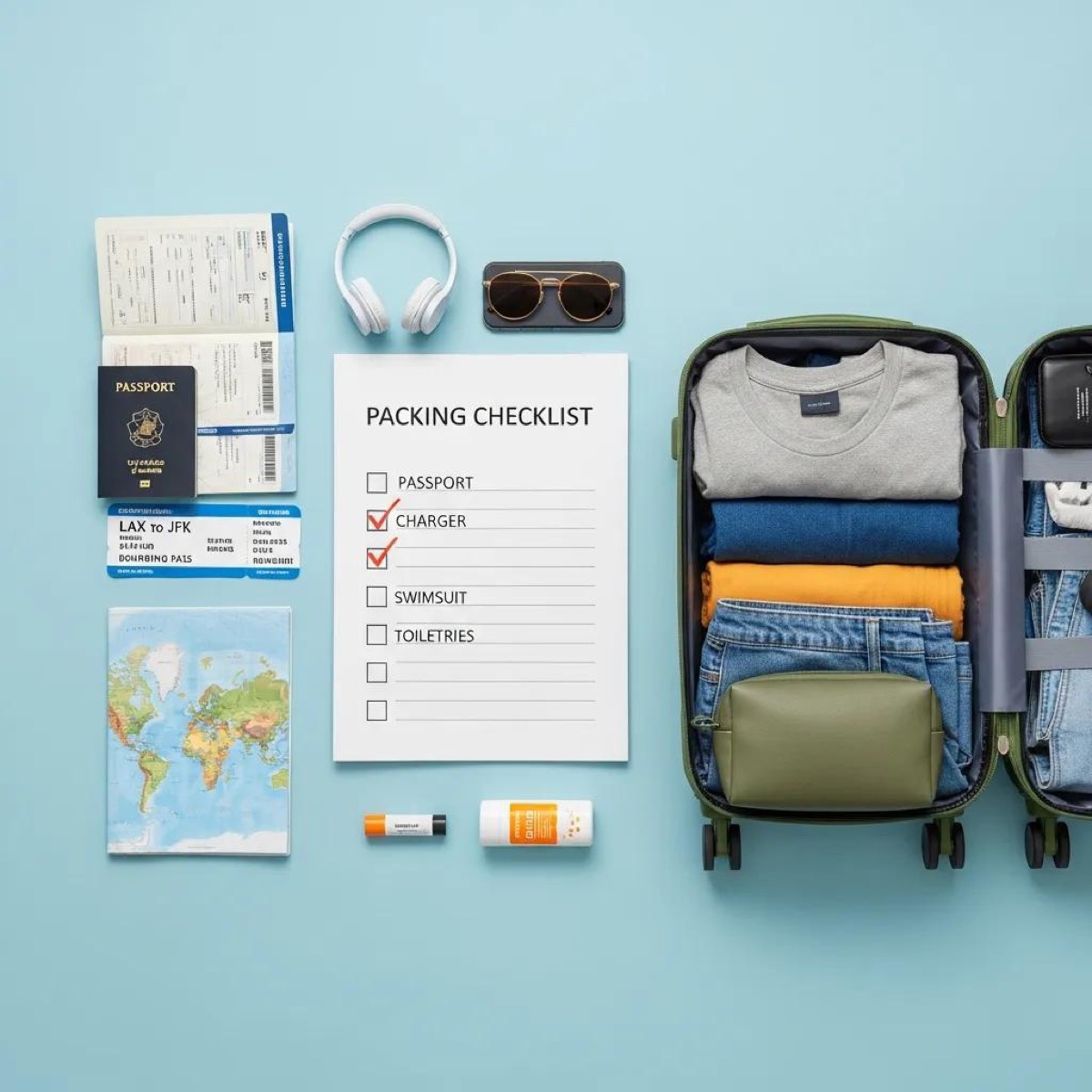 Flat lay of travel essentials including packing checklist and documents, symbolizing stress-free travel preparation