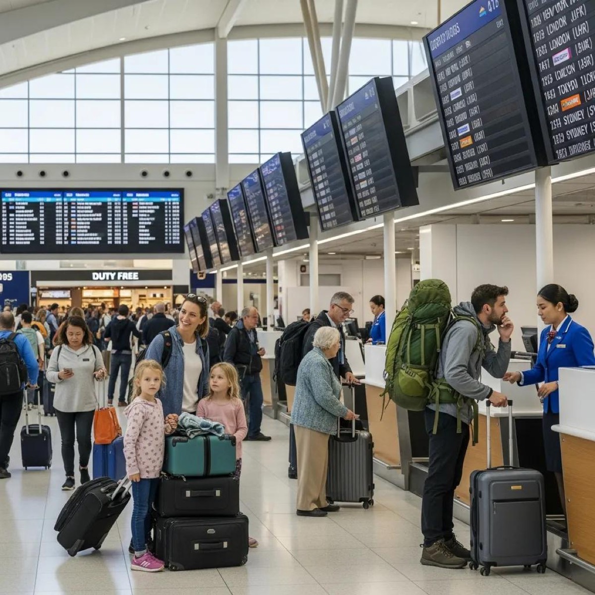 Travelers checking in at a busy airport terminal, highlighting the importance of timely arrival for flights