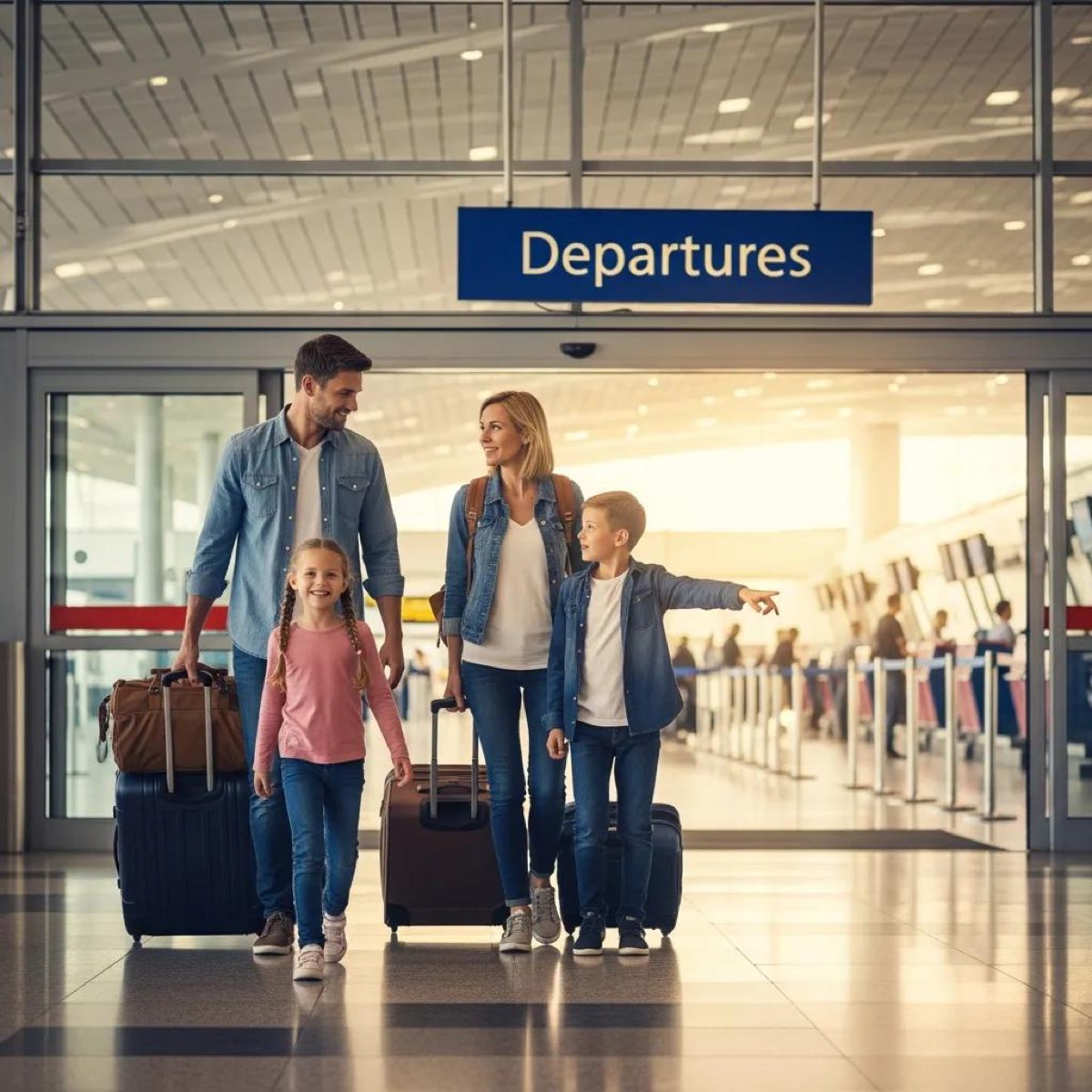 A family arriving at the airport for a domestic flight, illustrating the recommended early arrival time