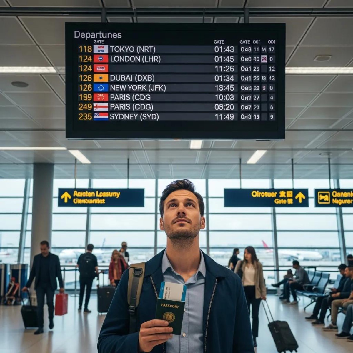 A traveler at an international airport checking flight information, emphasizing the need for early arrival for international flights