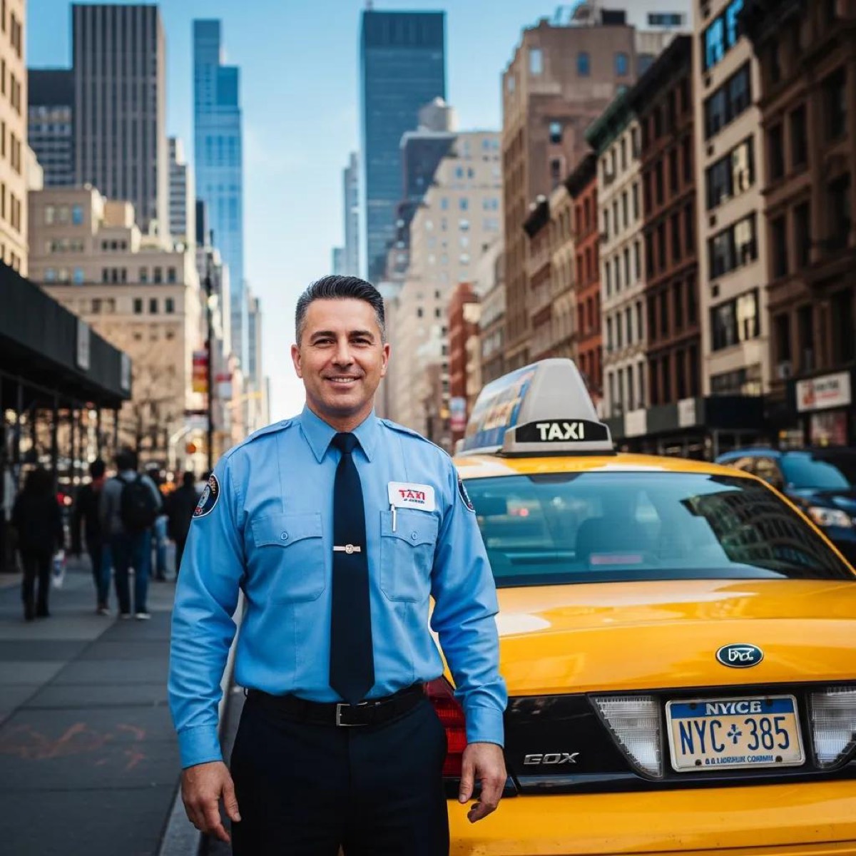 Licensed taxi driver with a taxi in an urban setting, emphasizing safety and professionalism