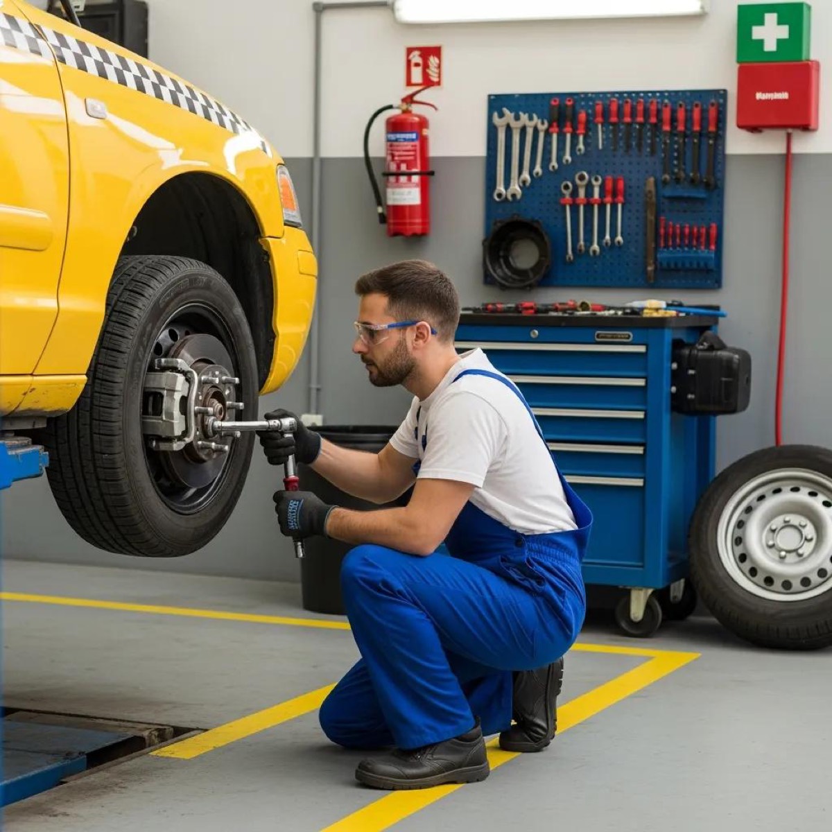 Mechanic inspecting a taxi for safety standards, showcasing vehicle maintenance and safety checks