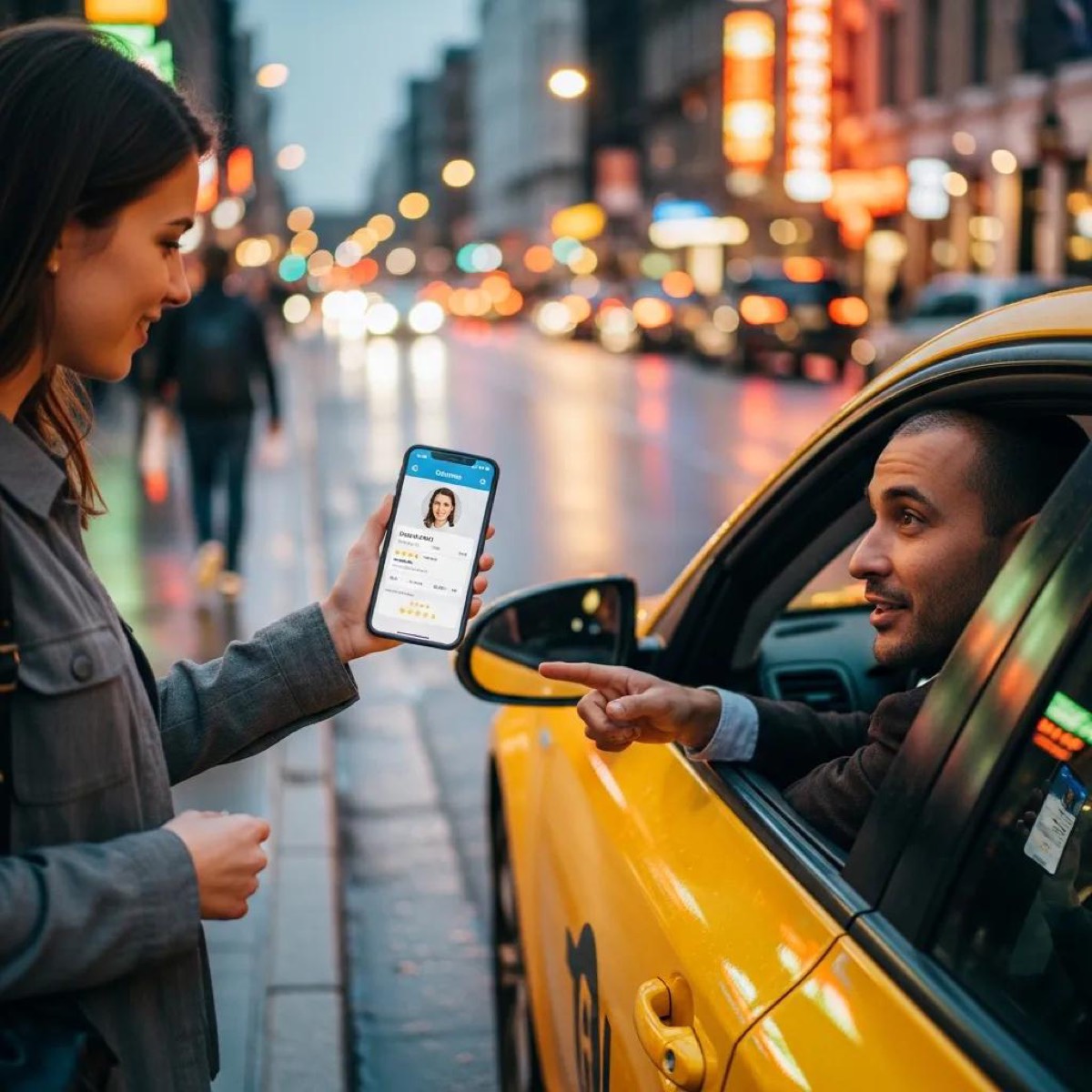 Passenger using a smartphone app to verify a taxi driver's credentials before booking a ride