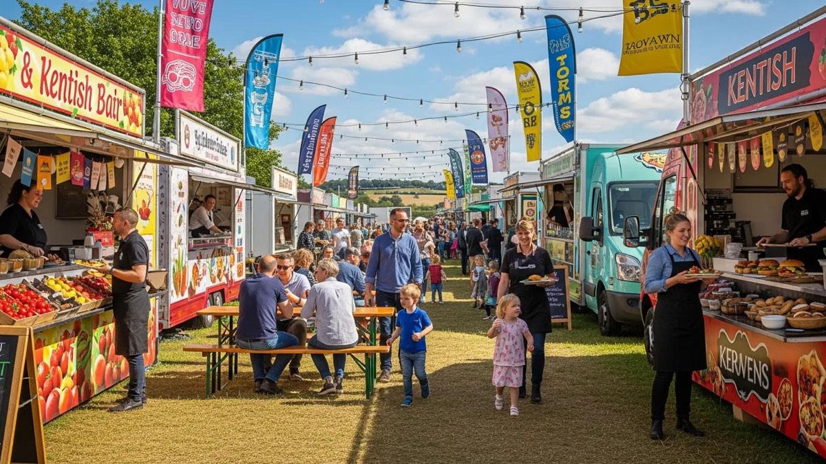 Kent food festival scene with colorful stalls and happy attendees enjoying local cuisine