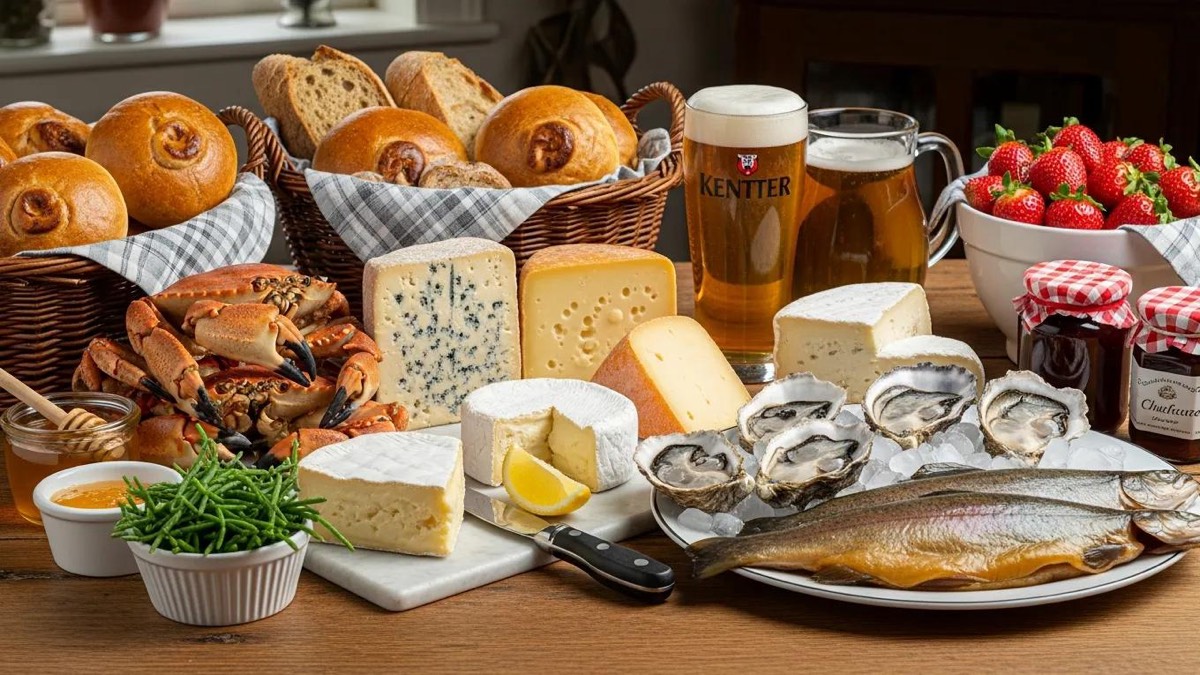 Display of local Kentish foods including cheeses, seafood, and ale on a rustic table