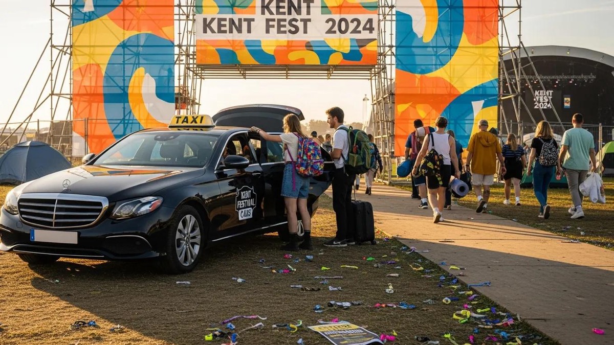 Modern taxi service at a Kent food festival entrance with attendees loading bags