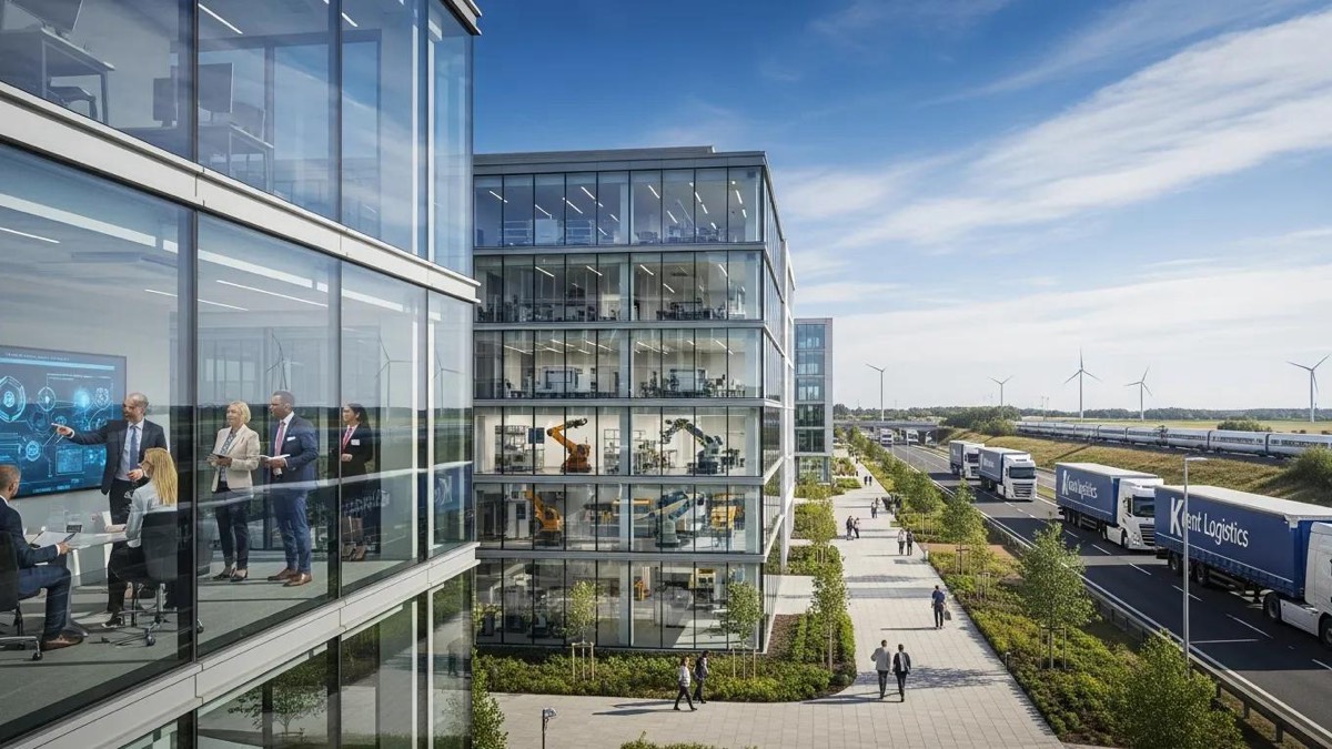 Vibrant representation of Kent's growing economy with technology and logistics elements