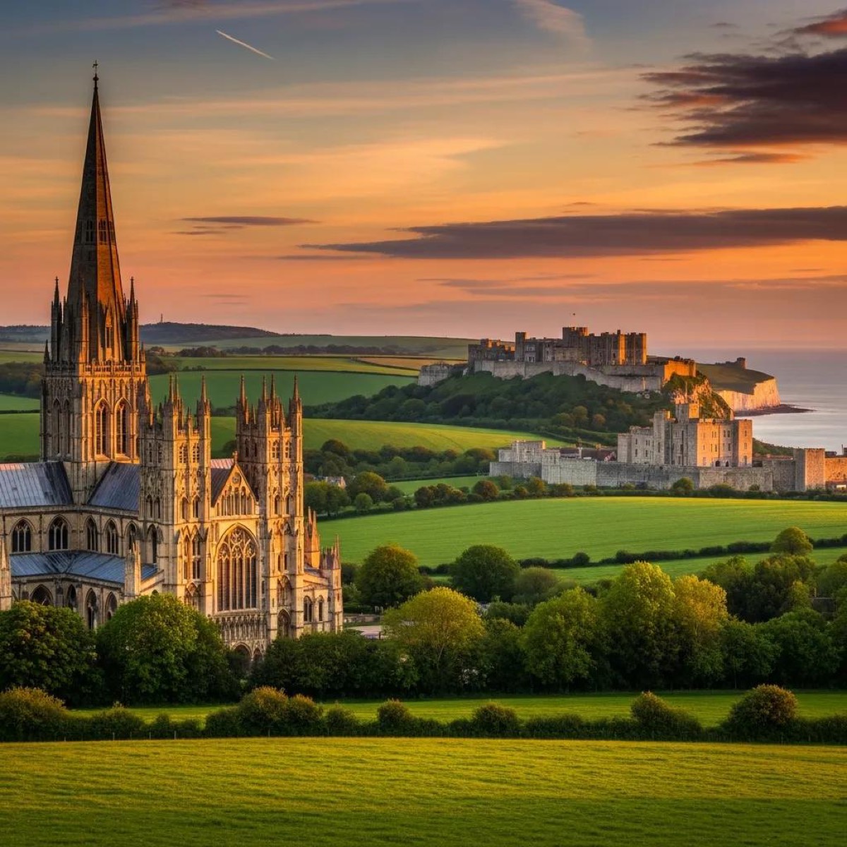 Kent's historical landmarks including Canterbury Cathedral and Dover Castle at sunset