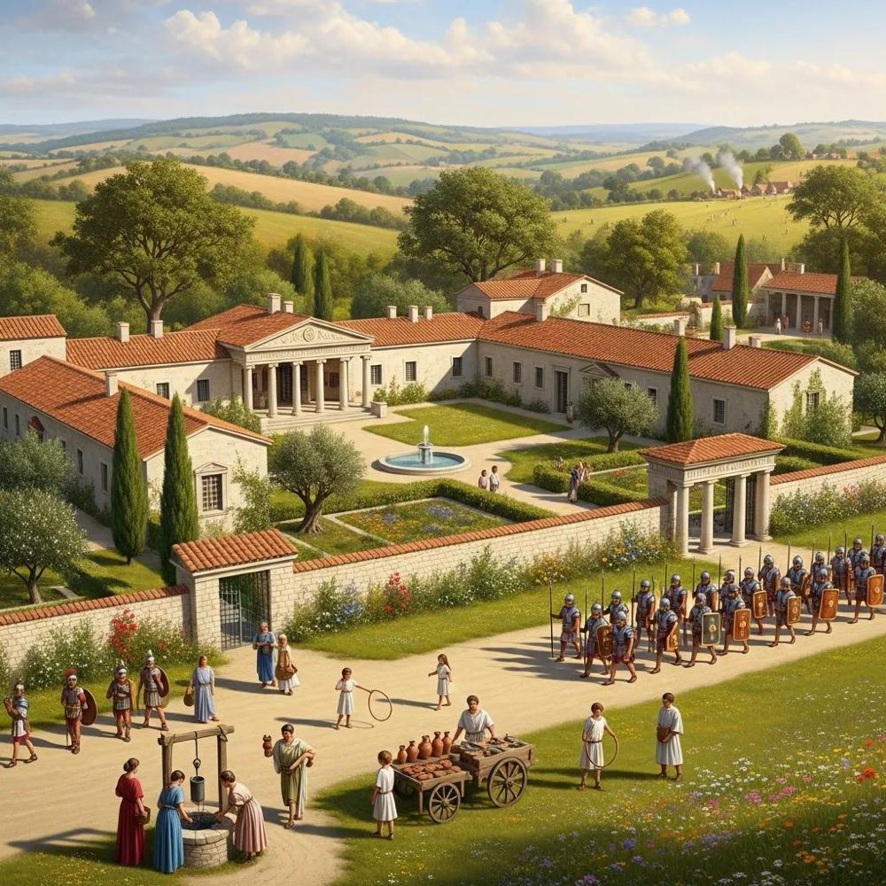 A Roman villa in Kent with soldiers and citizens illustrating daily life during Roman occupation