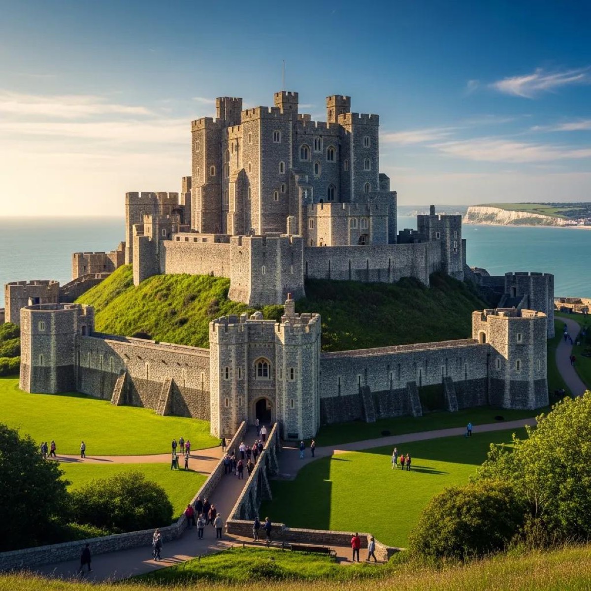 Dover Castle showcasing medieval architecture and visitors exploring the grounds