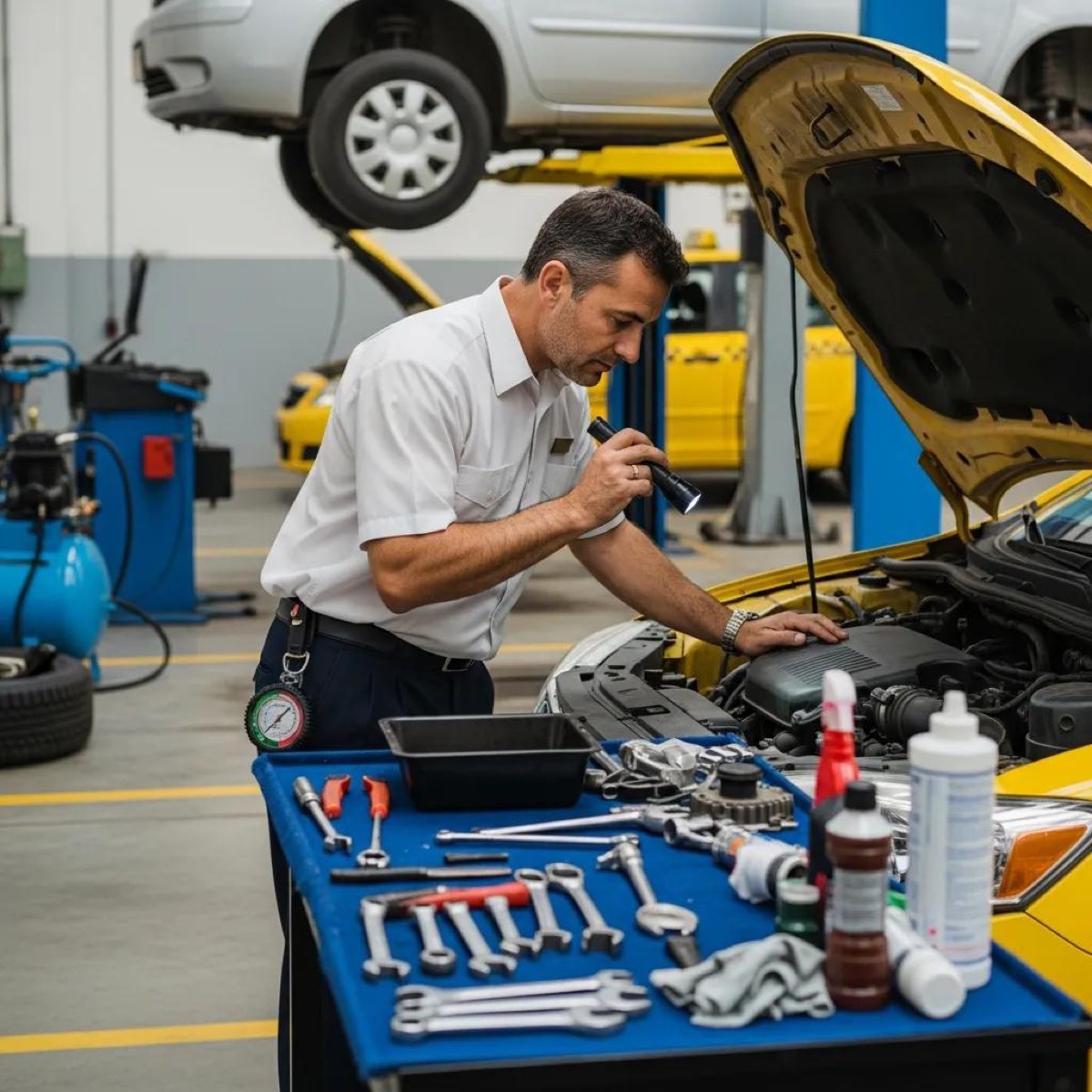 Taxi driver conducting vehicle maintenance in a garage, highlighting essential daily tasks for safety