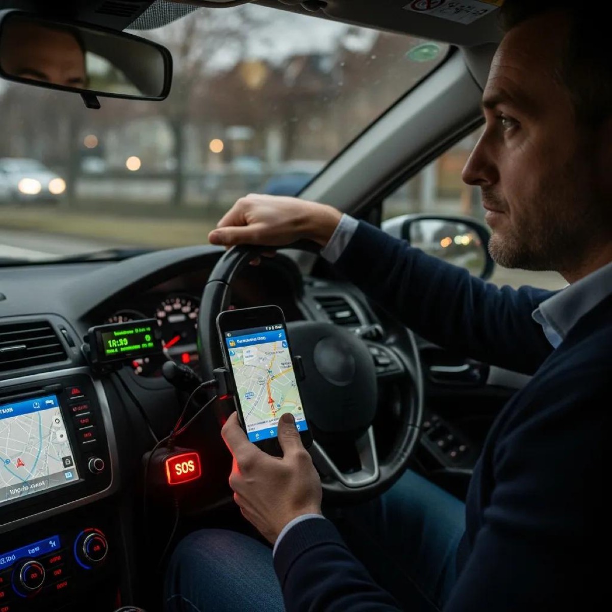 Taxi driver utilizing GPS technology for safety, emphasizing modern safety protocols in Maidstone and Kent