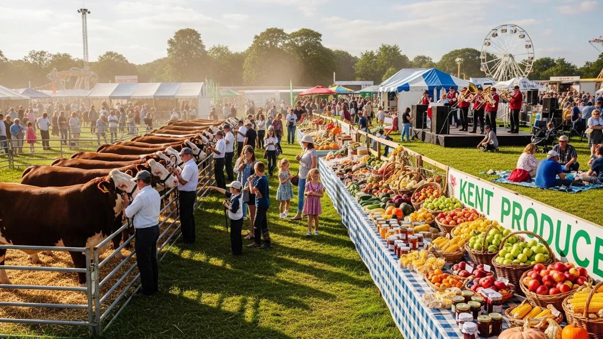 Kent County Show featuring livestock displays and local produce in a festive atmosphere