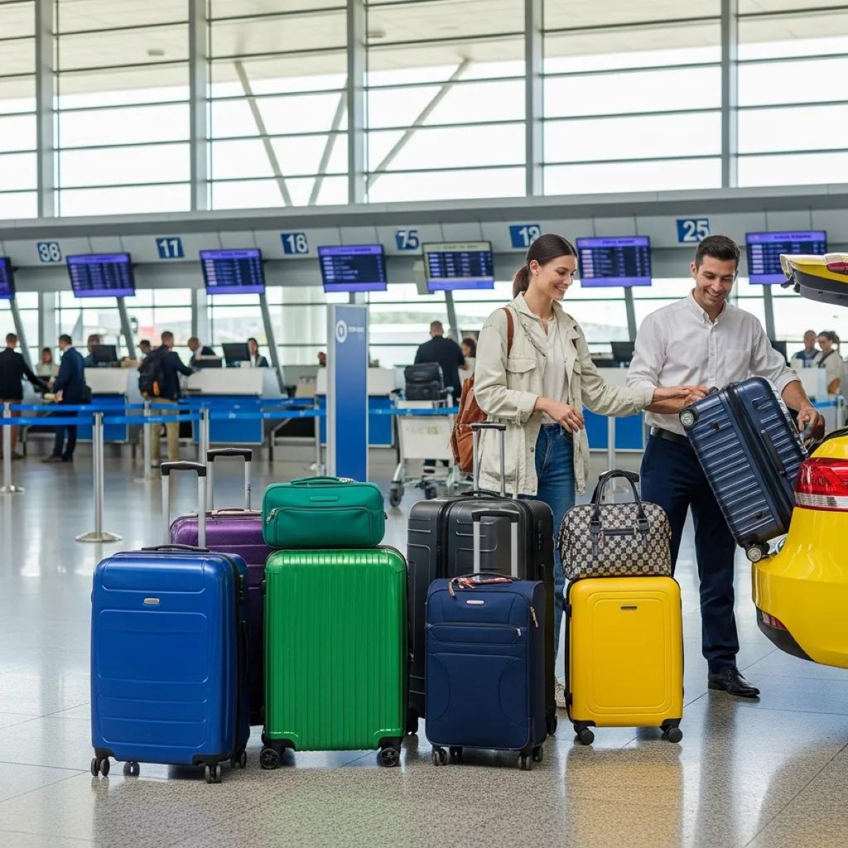 Traveler managing luggage at an airport taxi stand, emphasizing efficient travel