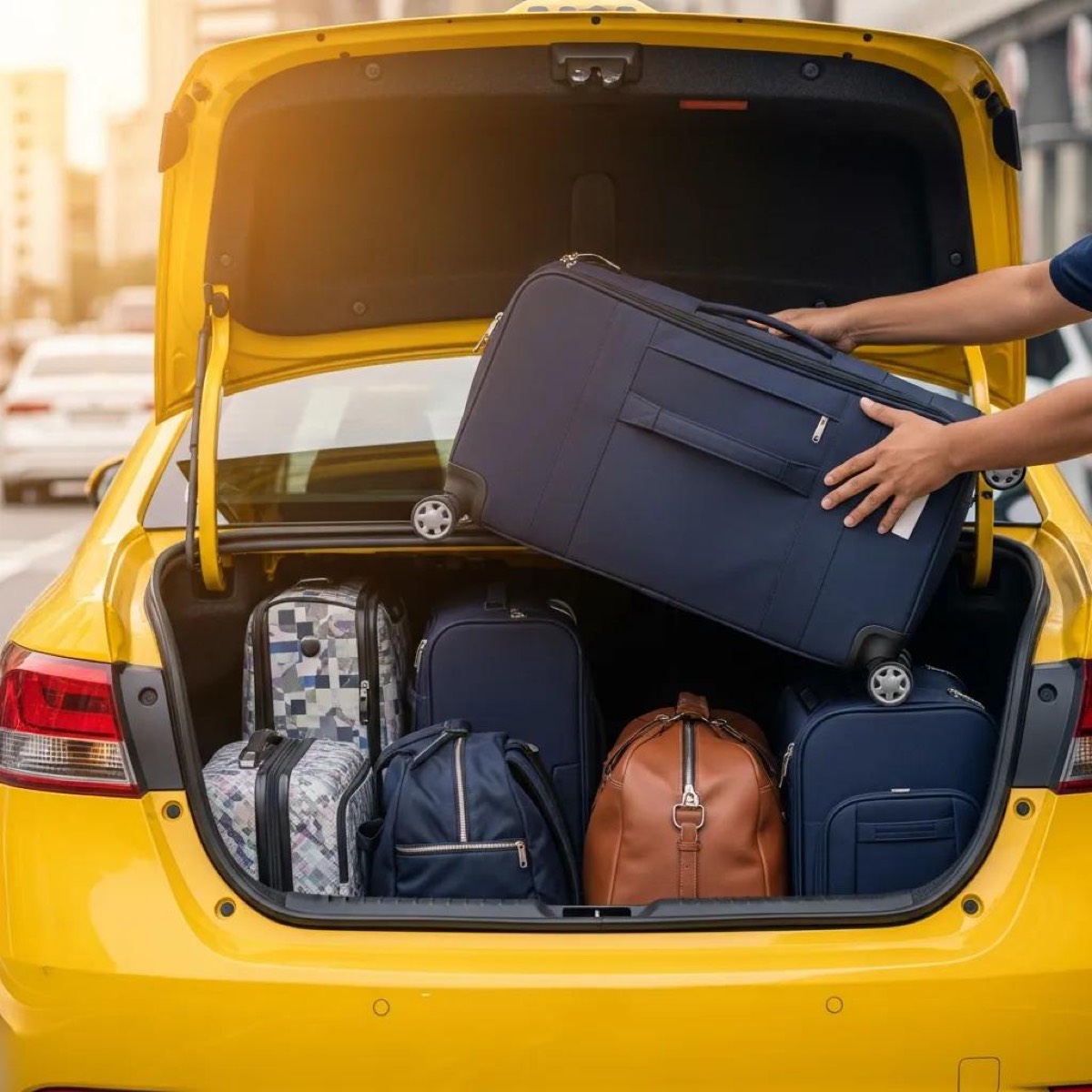 Taxi loading standard-sized luggage, illustrating airport taxi luggage policies