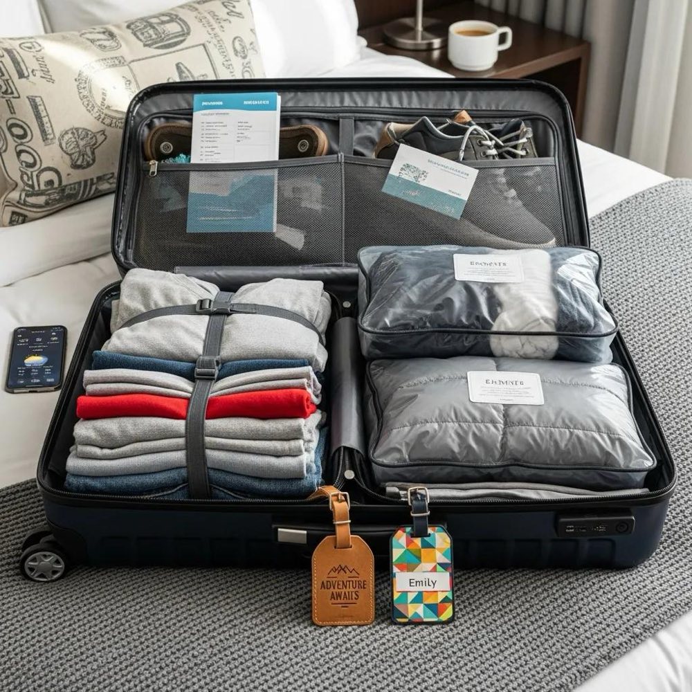 Open suitcase with efficiently packed luggage, demonstrating packing tips for travel