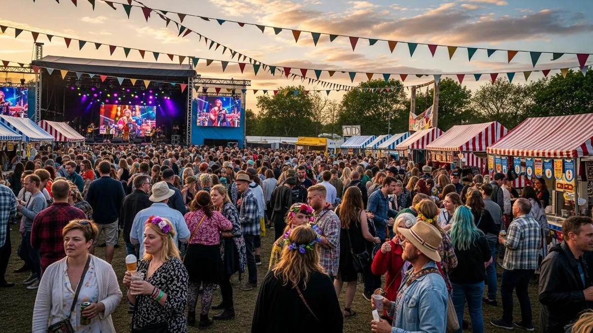 Vibrant music festival scene in Kent with diverse crowd enjoying live performances