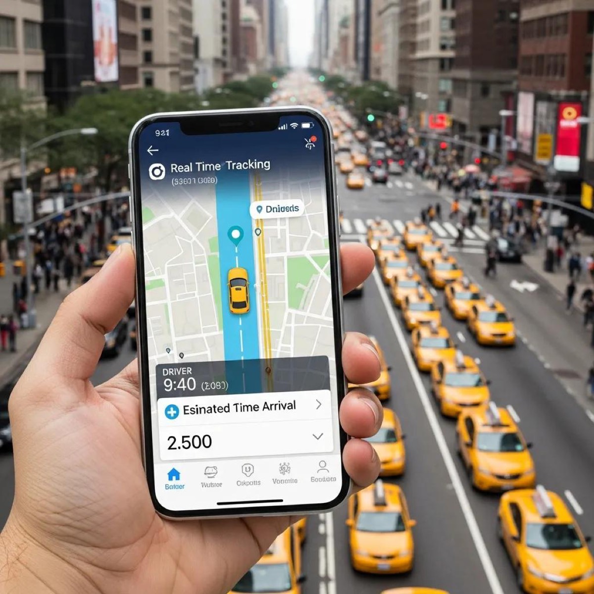 Person booking a taxi online with a smartphone in a city setting