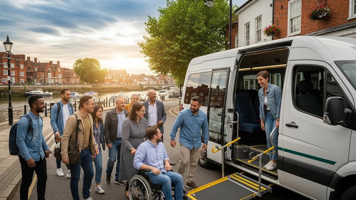 Group of people boarding a minibus in Maidstone, highlighting reliable group transport services