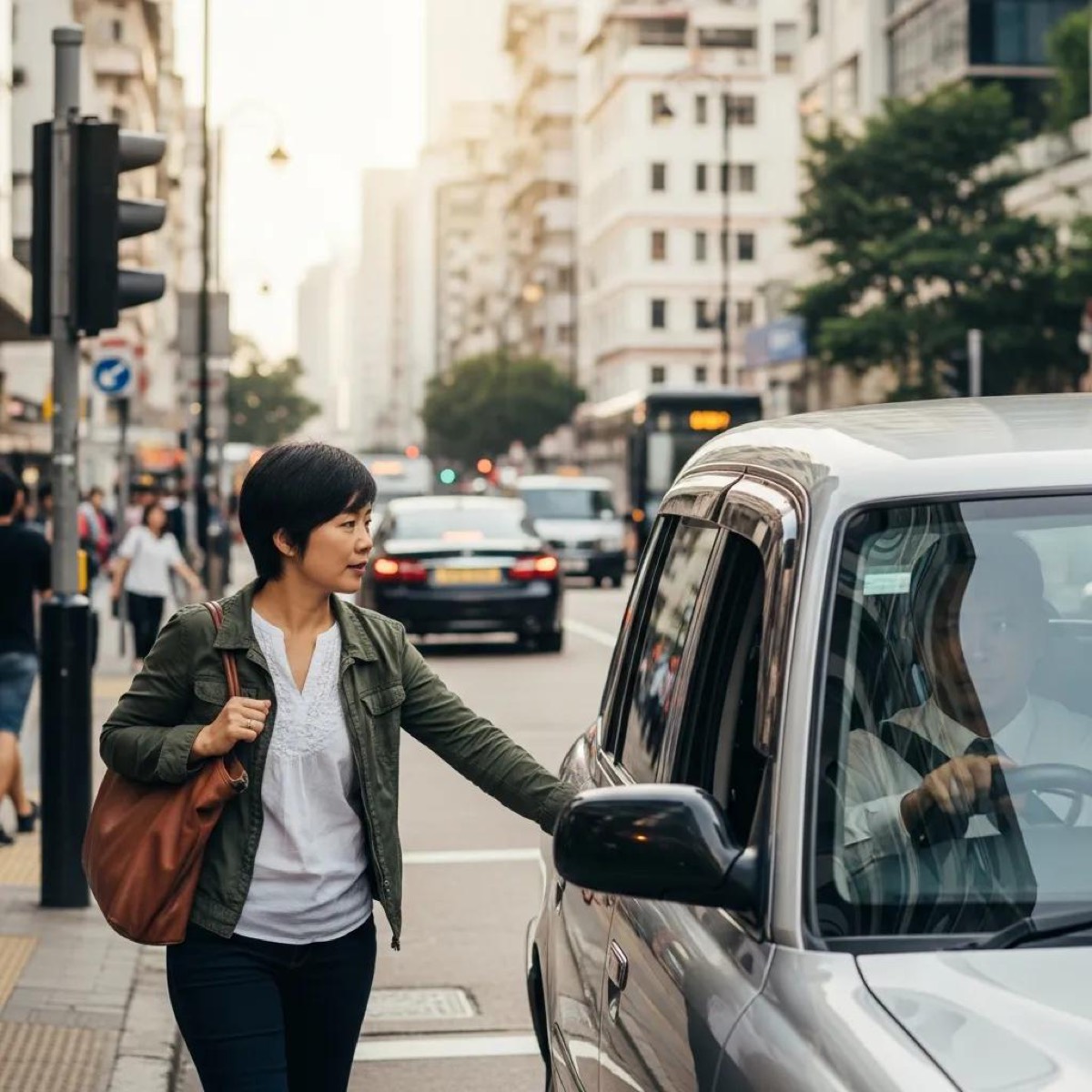 Urban pedestrian safely interacting with a taxi in a well-lit area