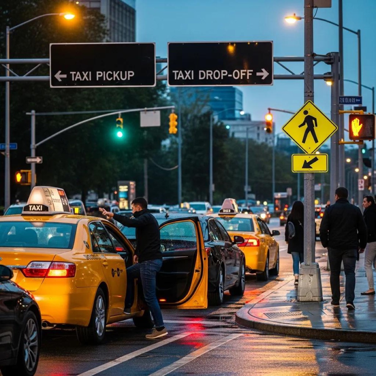 Well-lit taxi pickup area with pedestrians ensuring safety before exiting